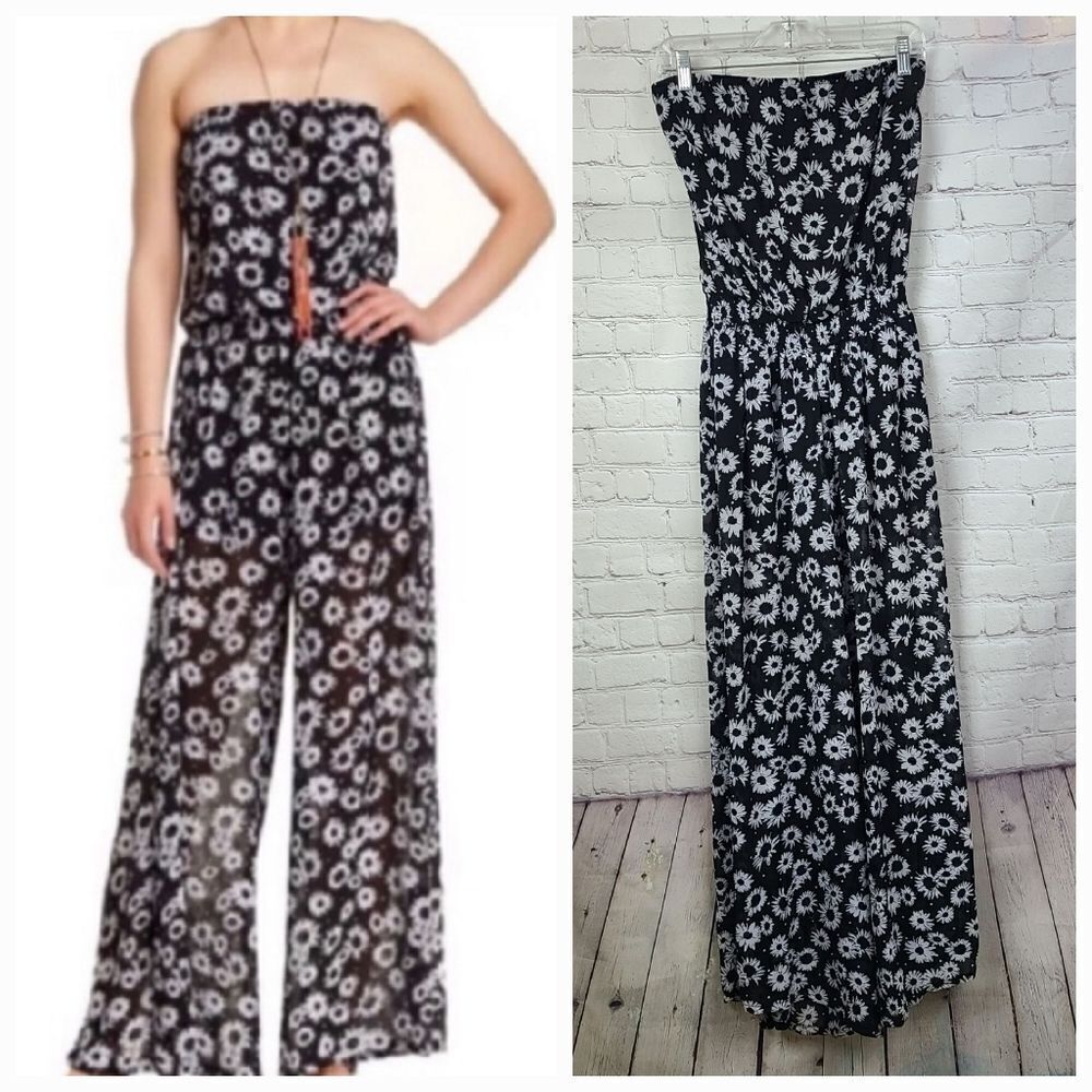 Want & Need Floral Strapless Jumpsuit Black Wide Leg Palazzo Pants Floral Print